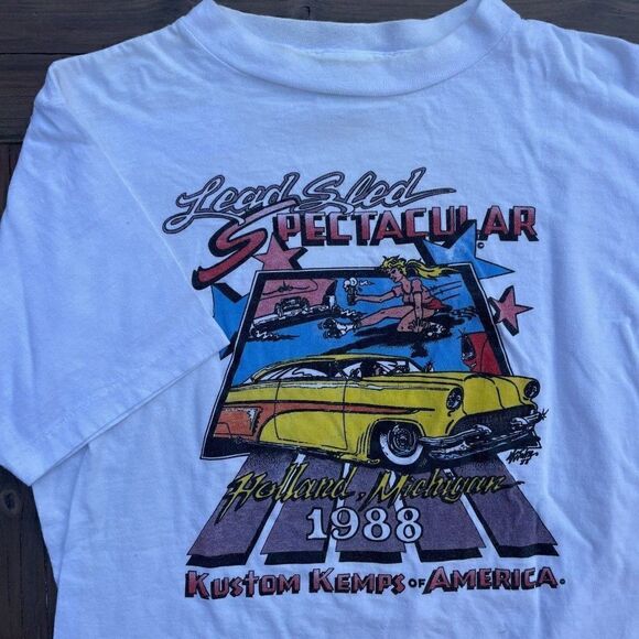 VTG Single Stitch White T Shirt Men L Michigan Lead Sled Spectacular Custom Cars - Picture 1 of 8